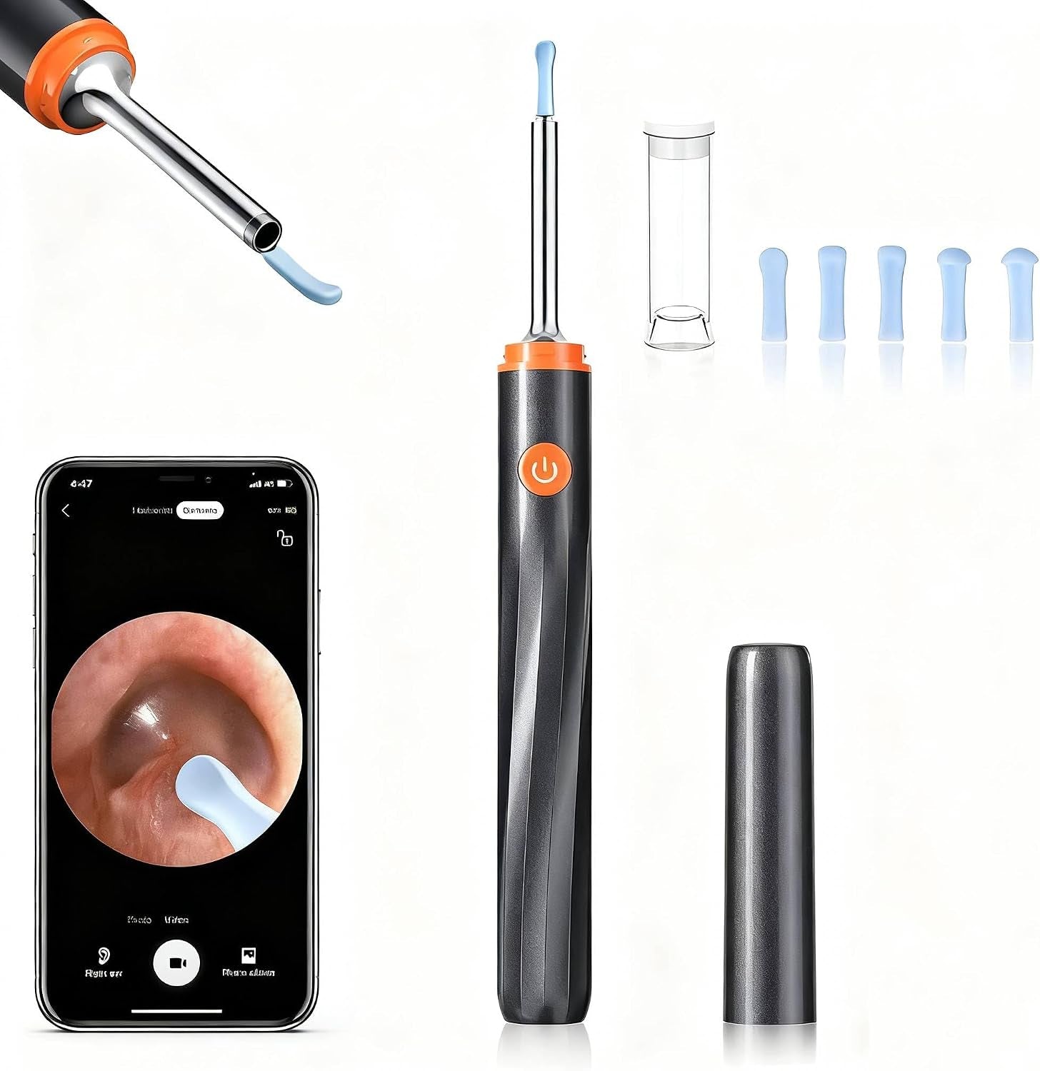 Ear Wax Removal Tool Camera - Ear Cleaner with 1080P HD Camera, Otoscope with Light, Earwax Removal Kit for Iphone, Ipad, Android Phones (Orange)