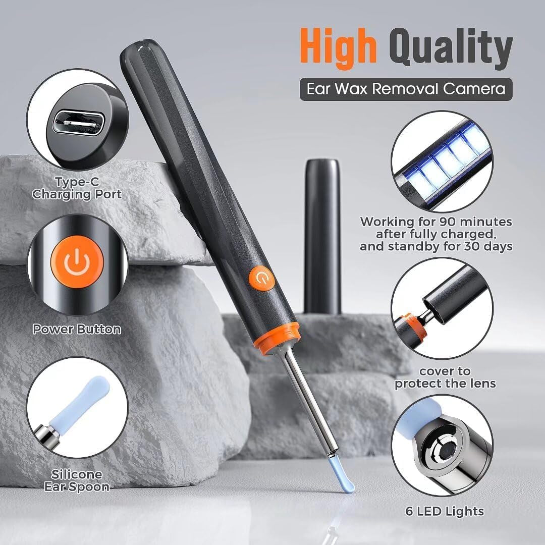 Ear Wax Removal Tool Camera - Ear Cleaner with 1080P HD Camera, Otoscope with Light, Earwax Removal Kit for Iphone, Ipad, Android Phones (Orange)